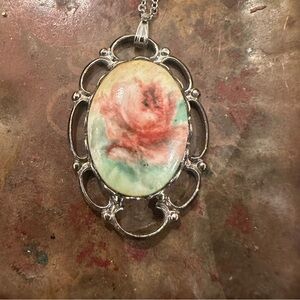 Vintage hand-painted porcelain floral pendant on an 18” silver-tone chain